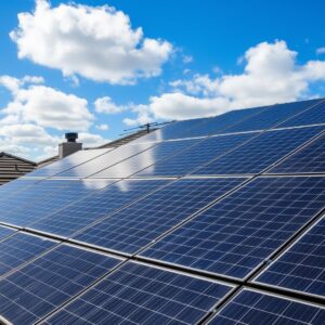 Full sustainable energy system installation with solar panels and battery storage for a modern home.